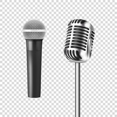 Vector 3d Realistic Steel Silver Retro Concert Vocal Stage Microphone Icon Set Closeup Isolated on Transparent Background. Design Template of Vintage Classic Karaoke Metal Mic. Front view