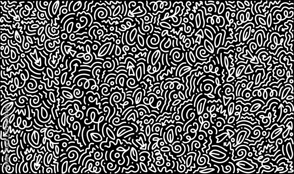 Wall mural scattered geometric line shapes. abstract background design. vector black and white pattern.