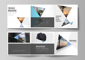 The minimal vector layout of square format covers design templates for trifold brochure, flyer, magazine. Creative modern background with blue triangles and triangular shapes. Simple design decoration