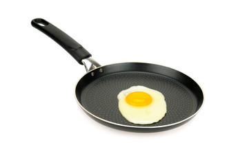 Fried eggs in pan isolated on white background.