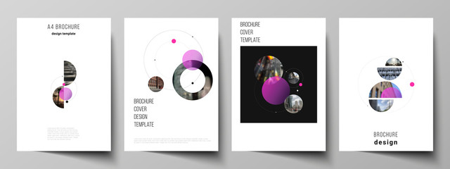 Vector layout of A4 format modern cover mockups design templates for brochure, flyer, booklet, report. Simple design futuristic concept. Creative background with circles that form planets and stars.