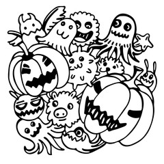 Halloween doodles drawn in black outline