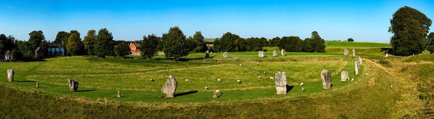 Panoramic view of the stone circle at Avebury Great Henge, a UNESCO world heritage site dating back...