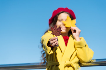 Autumn beauty. child maple leaf. kid in french beret. leaf fall. favorite season. good weather...