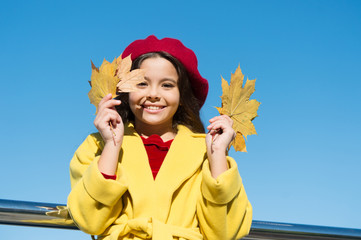 Autumn joy. autumn kid fashion. child maple leaf. kid in french beret. leaf fall. favorite season....