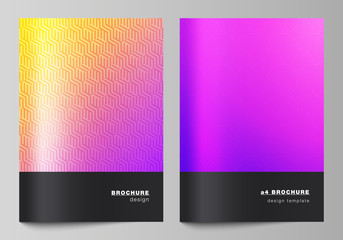 Fototapeta premium Układ wektorowy szablonów projektów nowoczesnych okładek formatu A4 do broszur, magazynów, ulotek, broszur, raportów rocznych. Streszczenie geometryczny wzór z kolorowym gradientowym tłem biznesowym.