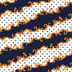 Design scarf with golden baroque elements. Golden baroque glamour seamless pattern illustration