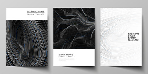The vector layout of A4 format modern cover mockups design templates for brochure, magazine, flyer, booklet, annual report. Smooth smoke wave, hi-tech concept black color techno background.