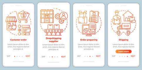 Dropshipping red onboarding mobile app page screen vector template. Customer order preparing, shipping. Walkthrough website steps with linear illustrations. UX, UI, GUI smartphone interface concept