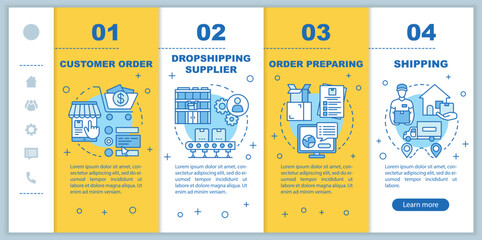 Dropshipping onboarding mobile web pages vector template. Order preparing. Responsive smartphone website interface idea with linear illustrations. Webpage walkthrough step screens. Color concept