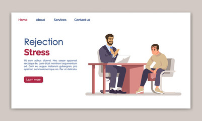 Rejection stress landing page vector template. Job search website interface idea with flat illustrations. Refusing candidate homepage layout. Interview failure web banner, webpage cartoon concept