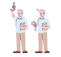 Sports judge flat vector illustration. Referee in running competition. Coach with starting gun, stopwatch, clipboard isolated cartoon character with outline elements on white background