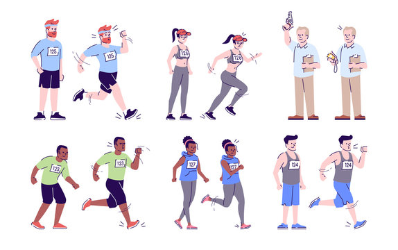 Marathon flat vector illustrations set. Start, finish of endurance contest. Sportswomen, sportsmen running. Сompetitors and judge isolated cartoon characters with outline elements on white background