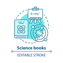 Science books concept icon. Scientific literature idea thin line illustration. Academic paper research, tractate. Physics and astronomy encyclopedia. Vector isolated outline drawing. Editable stroke