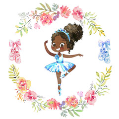 Watercolor African American Ballerina. Ballet Girl Surrounded by floral wreath. Ballerina Wearing Blue Tutu. Elegant Little Child Posing Training Ballet Collection Poster Design for Print. Watercolor