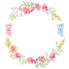 Fototapeta na wymiar Ballet Theme Watercolor garden roses wreath. and ballet shoes. Round frame with flowers roses, plants, fern and branches. hand drawn illustration