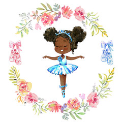 Watercolor Dancing African American Ballerina. Ballet Girl Surrounded by floral Frame and Ballet Shoes. Ballerina Wearing Blue Dress. Elegant Little Child Posing Training Ballet Collection Poster