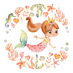 Mermaid Watercolor Surrounded by Frame of sea elements, Sea Horse, corals, bubbles, seashells, anchor, seaweeds. Ocean Kit. Young Underwater Woman Nymph Grace Mythology Princess.