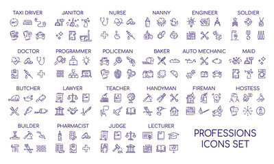 Professions linear big icons set. Occupations items and objects. Career thin line contour symbols collections. Professional workers tools and equipment bundle. Isolated vector outline illustrations - obrazy, fototapety, plakaty