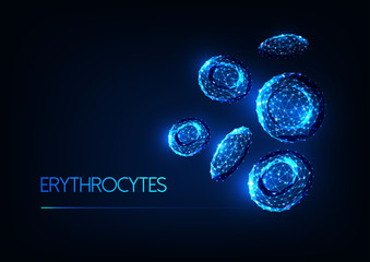 Futuristic glowing low polygonal red blood cells erythrocytes isolated on dark blue background. - obrazy, fototapety, plakaty