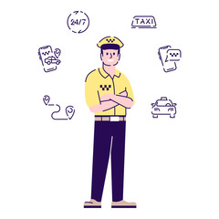 Taxi driver flat vector character. Taxi, passengers transportation service worker cartoon illustration with outline and linear icons. Chauffeur, cab driver in uniform isolated on white background