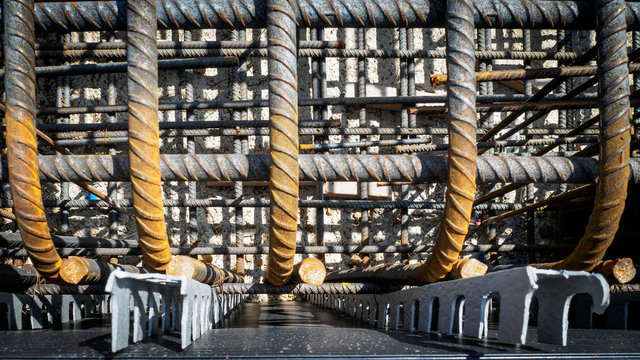 Reinforcement bars of an RC slab in a construction site.