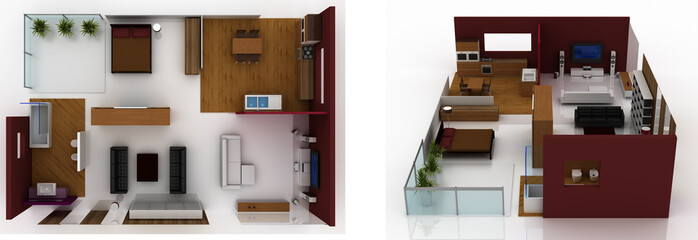Empty home interiors, technical project illustration, original 3d rendering