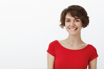 Close-up sassy tempting good-looking lesbian woman short haircut dressed night-club checking-out...