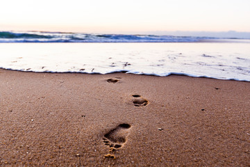 Fototapeta na wymiar traces de la plage au coucher de soleil