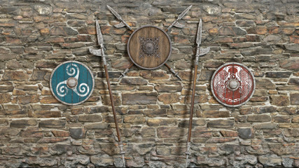 Three shields and spears against a stone wall. 3d illustration