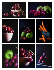 COLLAGE OF PHOTOS OF VARIOUS FRUITS. HEALTHY FOOD.