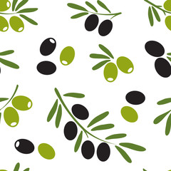 Colored seamless pattern with black and green olives, hand drawn. Vector