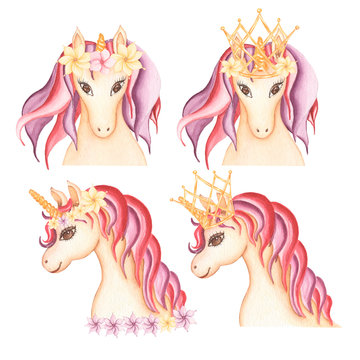 Watercolor hand drawn  unicorn portrait set illustration with different decoration,crawn, flowers, fairy tale animal creature, magical  clip art, isolated on white background. Birthday card.