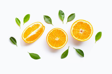 Fresh orange citrus fruit with leaves isolated on white background.