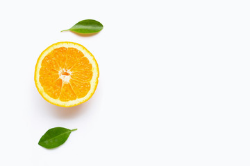 Fresh orange citrus fruit with leaves isolated on white background.