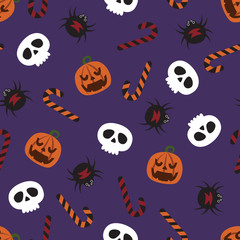 Vector Halloween seamless pattern pumpkin, skull, candies. and spiders