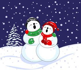 A vector illustration of  a snowman couple  with their arms around each other, wearing red and green colored scarves and hats, heads thrown back singing merrily.  The background has a snow covered fir