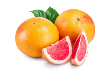 grapefruit and slice with leaves isolated on white background