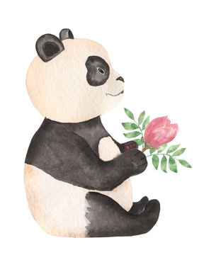 Cute Panda bear clipart, watercolor wild animal illustration, Bamboo Trees decoration, cartoon style card. Kids design, Zoo print