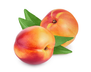 Nectarine fruit with leaf isolated on white background cutout