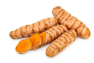 turmeric root and slices isolated on white background