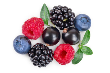mix of blackberry blueberry raspberry isolated on white background. Top view. Flat lay pattern