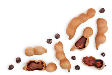 Tamarind fruit with seed isolated on white background with copy space for your text. Top view. Flat lay