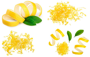 Set or collection lemon peel with leaf isolated on white background - obrazy, fototapety, plakaty