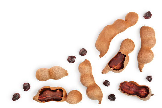 Tamarind fruit with seed isolated on white background with copy space for your text. Top view. Flat lay
