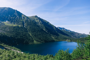 Fototapeta premium Famous mountains Lake sea eye lake in summer day. Top view of be