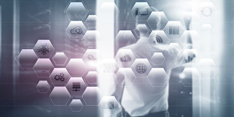 Information communication technology concept. Abstract background with icons and blurred server room