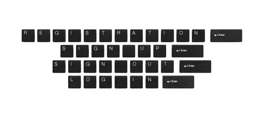 Text 'Registration', 'Sing up', 'Sign out', 'Log in' from keyboard keys, Isolated on white