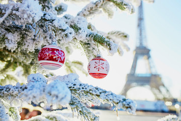 Christmas tree covered with snow near Eiffel tower