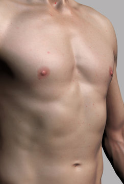 Diagonal side view of male upper body chast abs 3d render